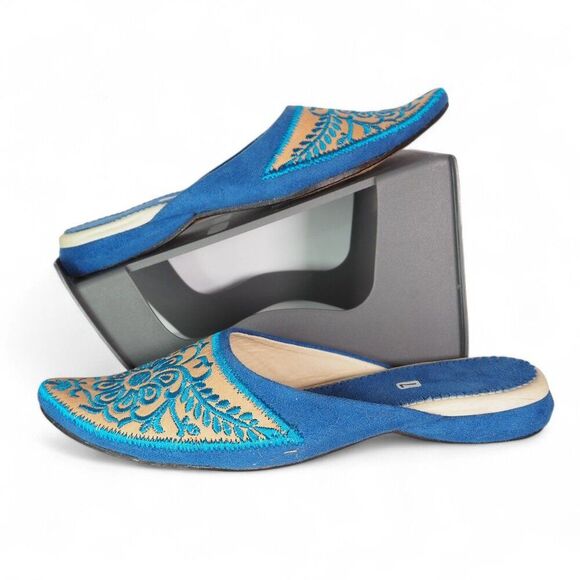 Moroccan Leather Embroidered Babouche Leather Slippers Blue / Tan Women's 7 - Picture 1 of 10